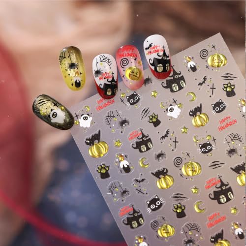 Image of 5D Embossed Halloween Nail Stickers Pumpkin Nail Decals Ghost Cat Nail Art | Cute Design Nail Decals for Nail Art Self-Adhesive nail charms for Women Holiday Manicure DIY Decoration Accessories 1 Sheets