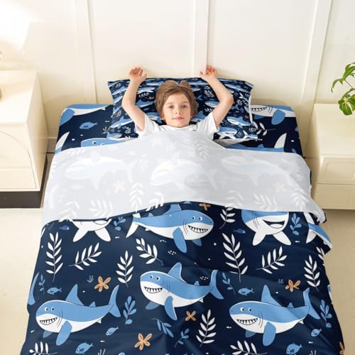 Image of jejeloiu Shark Bed Sheets Set Twin Size Ocean Decor Deep Pocket Fitted Sheet Sea Animal Bedding Sets Marine Life Soft Bed Set 3Pcs with 1 Pillow Cases
