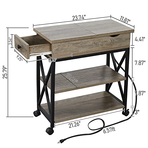Narrow Side Table With Charging Station Small End Table With Drawer Flip Top Couch Table With Wheels Living Room Bedroom Bedside Table With Storage Shelf,Grey #TOP4