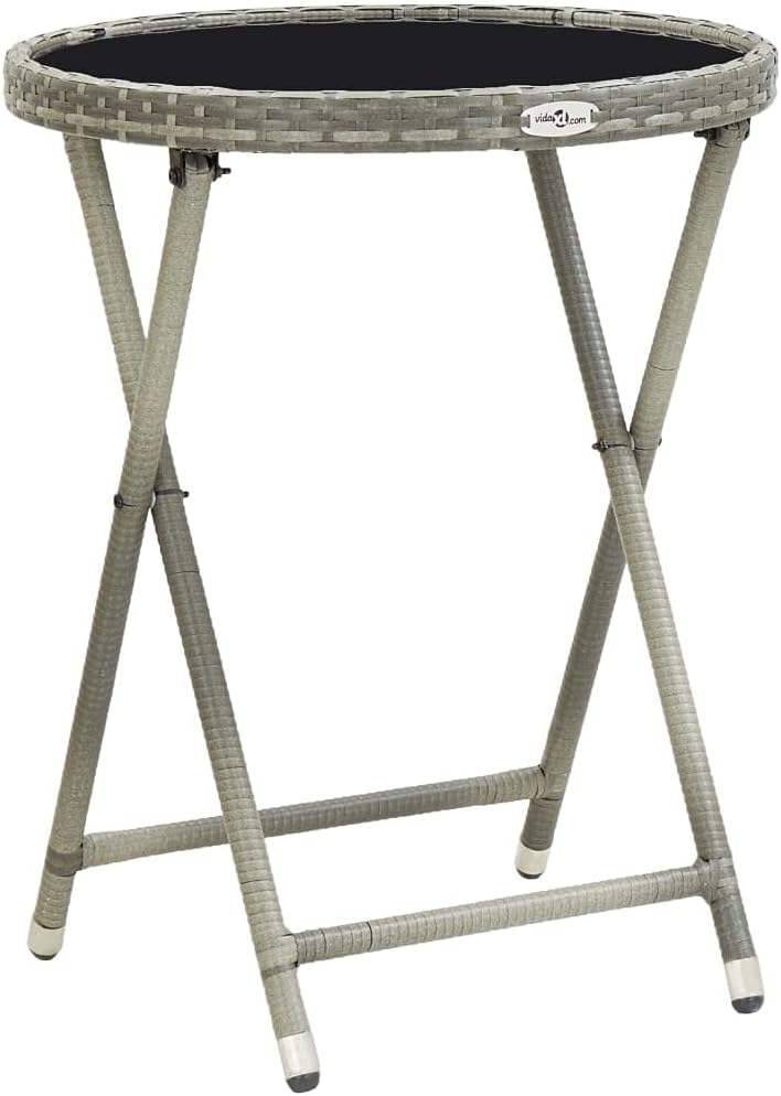 Foldable Round Tea Table, Small Black PE Rattan Side Table with Tempered Glass Top, Weather-Resistant Outdoor Coffee Table for Patio, Garden, and Living Room