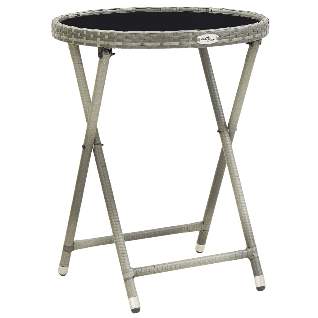 SXZenSpace Folding Outdoor Coffee Table, 60 cm Round Grey PE Rattan Tea Table with Tempered Glass Top, Space-Saving Foldable Garden Side for Patio, Balcony & Camping