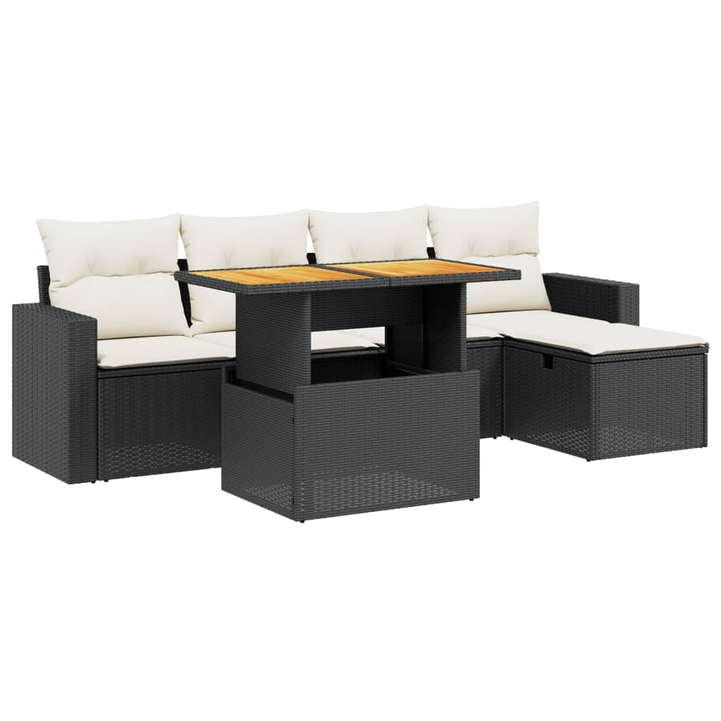 Juego de 6 sofás de jardín de polirratán negro con mesa regulable en altura de madera de acacia, conjunto de asientos modulares para terraza, balcón, patio, incluye cojines de asiento y