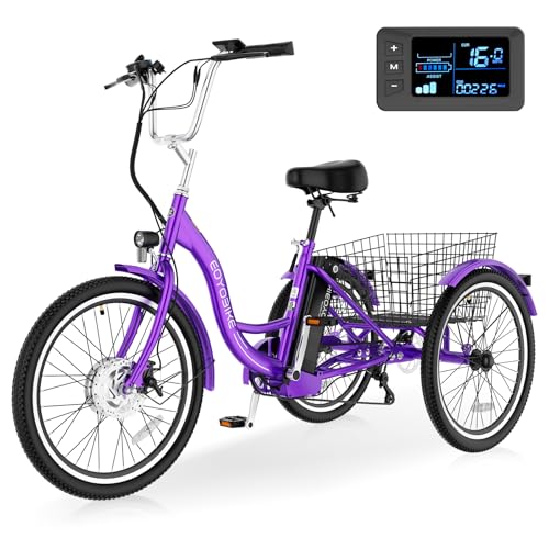 Electric Tricycle for Adults Seniors, 24/26 Inch 3 Wheel E-Trike, 350W Motor (700W Peak), Removable 36V Battery, Up to 15.5MPH, 25-60Mile Range, Low Step-Through, Rear Basket, 350lbs Capacity, 7 Speed