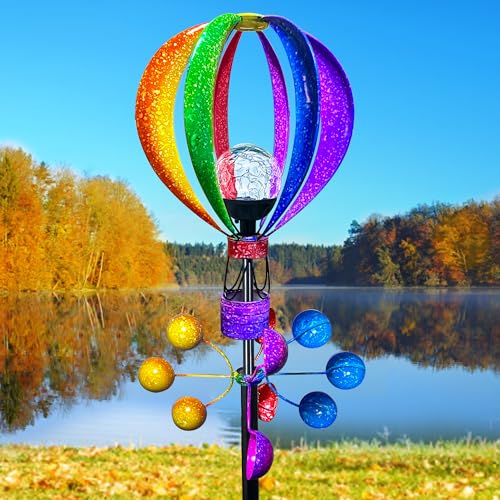 Solar Wind Spinner Outdoor - Hot Air Balloon Wind Spinners Metal Garden Decor with LED Lights 360 Rotating Waterproof Yard Decorations Solar Powered for Day & Night Lawn & Patio Windmill