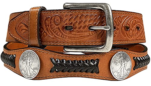 Western Floral Engraved Conchos Belt Genuine Full Grain Leather Belt 1-1/2