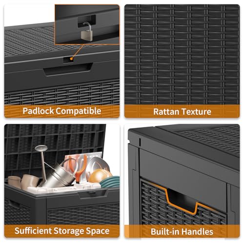 PatioZen 30 Gallon Resin Deck Box, Lockable Patio Outdoor Storage Box for Furniture, Garden Tools and Tools Storage, Waterproof Outside Storage Boxes - Black