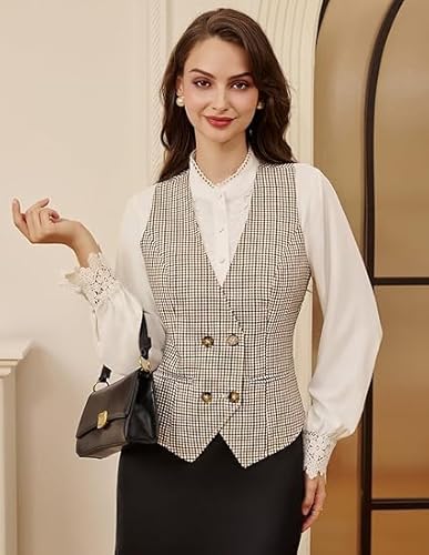 Belle Poque Braune Karierte Weste Damen Weste Damen Herbst Vintage V-Ausschnitt Zweireiher Westen für Formelle Konferenzen L