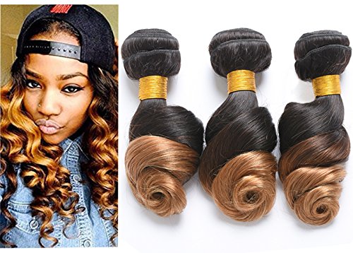 Ombre Loose Wave Bundles 3 Bundles Brazilian Virgin Human Hair 1B/27 Ombre 2 Tone Color Human Hair Extensions(8 10 12, T1B/27)