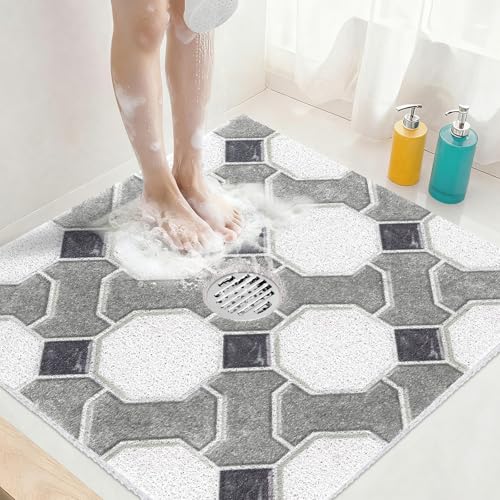 Image of Square Shower Mat Non Slip: 24x24 Inch Extra Large Shower Mats for Inside Shower, Non Slip Shower Mat with Drain Hole in Middle- Anti Slip Shower Floor Mat, Loofah Shower Stall Mats for Elderly