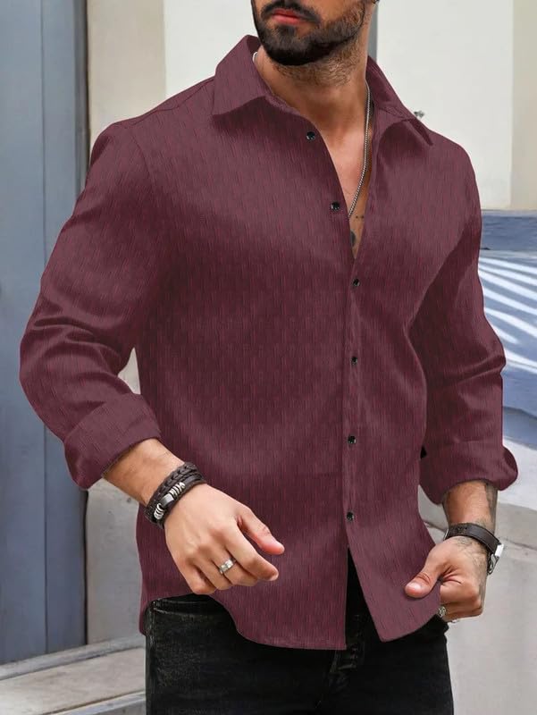 Image of DEELMO Men's Regular Fit Button Down Dress Shirts Textured Long Sleeve Casual Hawaiian Shirt (in, Alpha, 2XL, Regular, Dusty Rose-New)