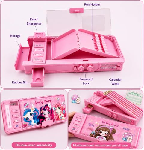 Image of Invite Multifunction Pencil Box for Girls with 2-Digit Password Lock, Built-in Sharpener & Calendar, Dual Sided Magnetic Geometry Compass Box with Pop-up Buttons, School Gift