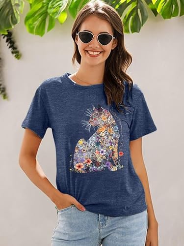 Lotucy Cat Lady Shirts For Women Cut Cat Floral Printed Shirts Cat Mom T-Shirt Casual Short Sleeve Tops Dark Blue thumb #2