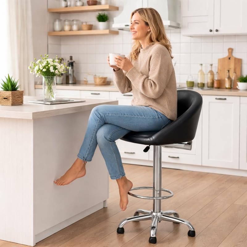 Image of LAVKUSH Sales | 446 Premium Bar Chair (Black) | Ergonomic Mid-Back Revolving Counter Stool with Deep Padded Cushion | Adjustable Gas-Lift Swivel Chair