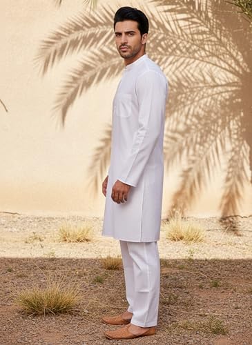 Image of Men's Solid Regular Fit Ethnic Wear White Kurta Pajama Set with Front Pocket