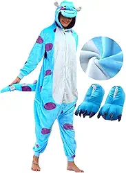 Kit Pijama com Pantufa Kigurumi Monstro Azul Macacão com Capuz de Frio