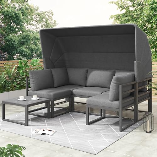 HYUB Garten Loungesessel Set, Sonneninsel Sitzgruppe mit Markise und SitzKissen, Lounge Möbel Outdoor 4er Set, Terassenmöbel Außen mit...