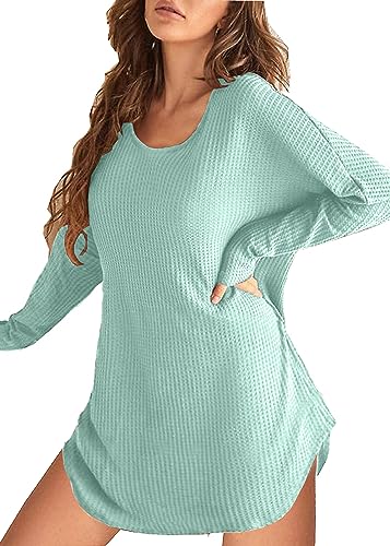 Ekouaer Long Sleeve Nightgowns for Women Waffle Knit Womens Cotton Nightgown Night Shirts for Sleeping Loungewear Green M