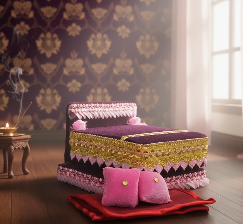 Image of RD Handicraft Thakur Ji Bed, Laddu Gopal ji Bed, Bal Gopal ji Bed with Blanket Silk All Purpose Bed |Wine (17x16x10 cm)