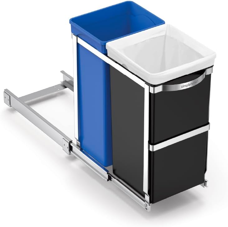 CW1016 35L (20/15) Pull-out Recycling Kitchen Cupboard Cabinet Bin, Easy to Install, Commercial-Grade Ball-Bearing Tracks, Easy-Access Handle, Polished Heavy-Duty Steel Frame