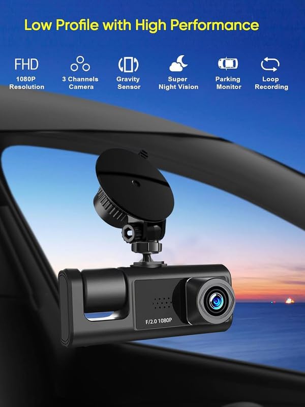 Image of Universal 3 Channel Dash Cam Front and Rear Inside, 1080P Dash Camera for Cars, Dashcam Three Way Triple Car Camera with IR Night Vision, Loop Recording Comfortable with Hum-mer H-2