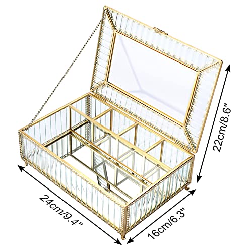 Elldoo Golden Vintage Jewelry Box Mirrored Glass Box, Floral Border Keepsake Box With Clear Glass Lid Rectangle Jewelry Organizer Storage Trinket Display Case For Girls, 5 Compartment #TOP2
