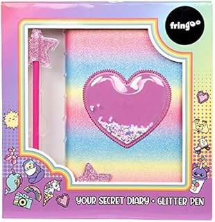 Fringoo - Glitter Girls Secret Diary with Glitter Star Pen, 2 Keys, Heart Padlock and Matching Bookmark | Beautiful Girls Notebook And Pen Set For Secrets For Girls - Glitter Heart