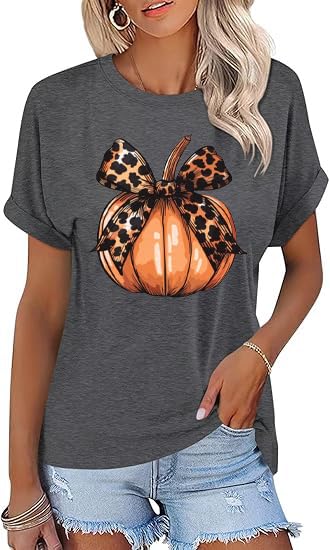 Fall Shirts for Women Pumpkin with Leopard Coquette Bow Casual Graphic Tops Halloween Shirts Cute Tee2