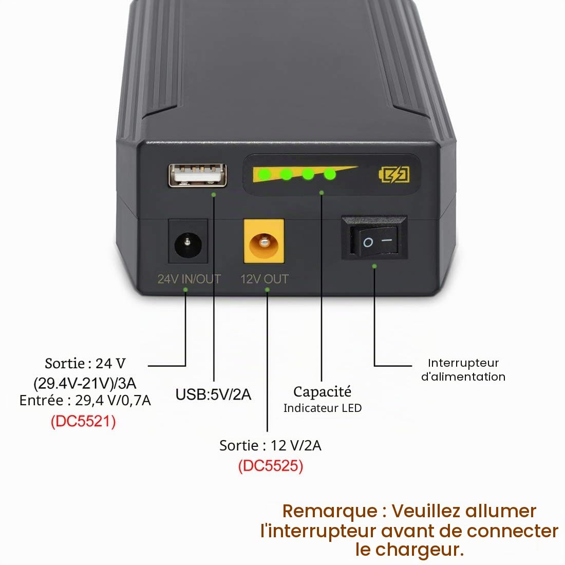 TalentCell Banque d’alimentation externe Batterie lithium-ion rechargeable 24/12/5V 82,88Wh 22400mAh avec chargeur pour bandes lumineuses LED, caméras de vidéosurveillance, etc. (Noir)