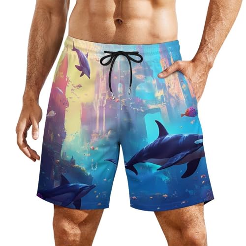 Underwater Castle Dolphins and Orcas Beach Shorts for Men Swim Trunks Quick Dry Swim Shorts with Compression Liner Pocket