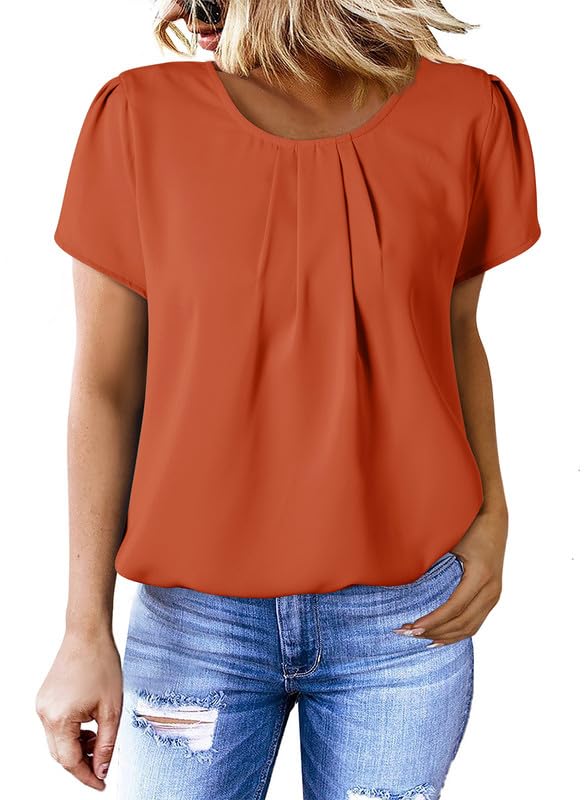 Dokotoo Women's Casual Round Neck Basic Pleated Tops Short Sleeve Loose Fit Curved Keyhole Back Chiffon Blouses Tshirts
