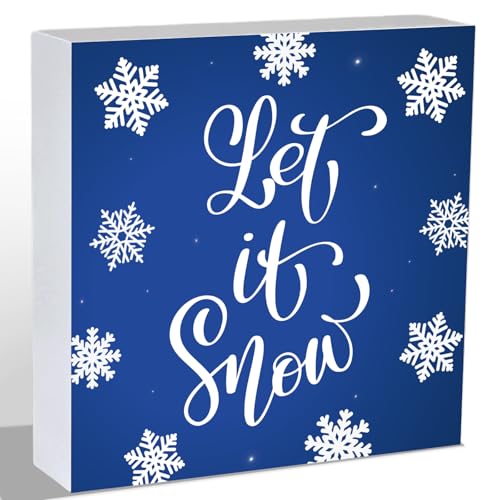 Winter Decorations Indoor Winter Decor Let It Snow Home Room Snowflakes Office Bathroom Table Wood Box Sign Rustic Wooden Shelf Desk Decor Season Sign House Warming Gifts 5.9 x 5.9 Inch