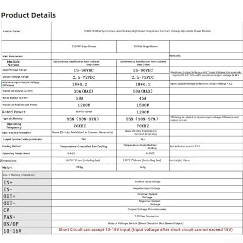 Módulo convertidor reductor de 1200W con regulador de voltaje ajustable de 15-90V a 2.5-72V y 40A 8