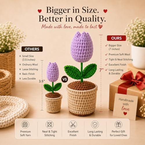 Image of Handcrafted Crochet Flower Pot | 7 Inch Handmade Wool Flower Plant | Premium Soft Yarn Decor | Cute Desk & Home Decoration | Unique Gift for Birthday, Anniversary & Valentine (Tulip Lavender)