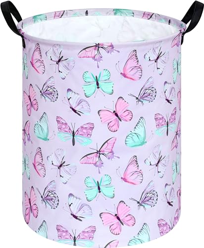 Image of Kids Laundry Hamper Clothes Gift Basket Storage Laundry Baskets Organizer Bin with Handles for Nursery Room (Purple Butterfly)