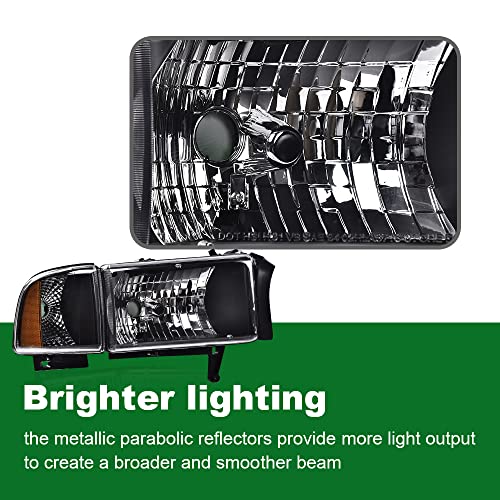 Image of GRAND ORANGE Headlights Assembly, Compatible with Dodge Ram 1500 2500 3500 1994 1995 1996 1997 1998 1999 2000 2001 2002 Black Housing Clear Corner Lamps（Clear lens Black Housing Amber Reflector）