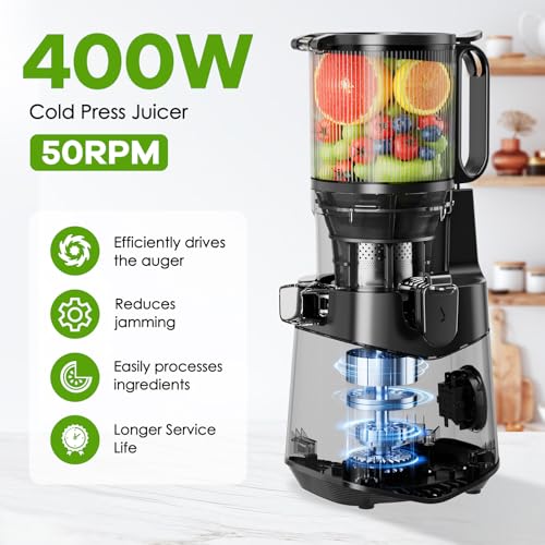 Cold Press Juicer,5.8\" Wide Feed Chute Juice Extractor Machine with 400W, High Juice Yield, Slow Masticating Juicer for Whole Vegetables & Fruits,Dark Grey