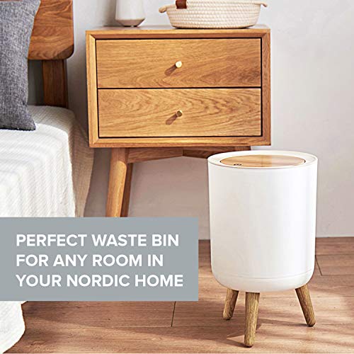 Nordic Style Trash Can (1-Pack) - Push Top Trash Can With Lid - 14.3" X 8.7" White Top Spring Waste Basket - Scandinavian Modern Garbage Can - Round Trash Bin W/ Legs - Kitchen/Bathroom Trash Can I 1.8 Gallon - 7L #TOP2