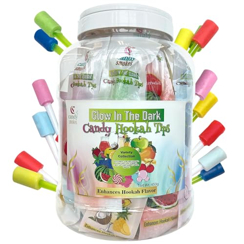 Candy Smokes Hookah Candy Tips Collection Mouthpiece Tips - 50 pcs Glow in The Dark Jolly Tips - Individually Wrapped Hookah Tips Lollipop Shisha Accessories 10 Different Hookah Candy Tips