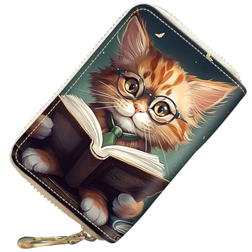 Credit Card Holder for Women Ladies Girls, Small RFID Blocking Wallet Zipper Wallet,Cute Leather Card Wallet Purse with 20 Slots Credit Card-Reading Cat