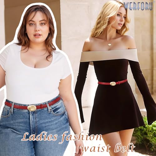 WERFORU Women Skinny Belts for Dress Jeans Ladies Thin Faux Leather Belt with Unique Gold Buckle,0.7" width3