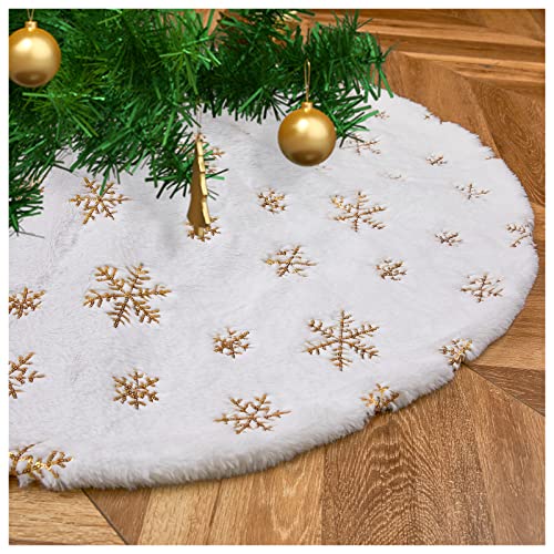 Christmas Tree Skirt 48 Inch Gold Snowflakes White Faux Fur Tree Skirts Fluffy Plush Tree Mat for Artificial Tree Decorations Indoor
