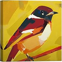 SIGNWIN Canvas Wall Art Cute Brown, Red, Orange Goldfinch Perched on a Branch in Yellow Background Birds Oil Painting Minimalism Modern Colorful for Living Room, Bedroom, Office - 12x12 inches