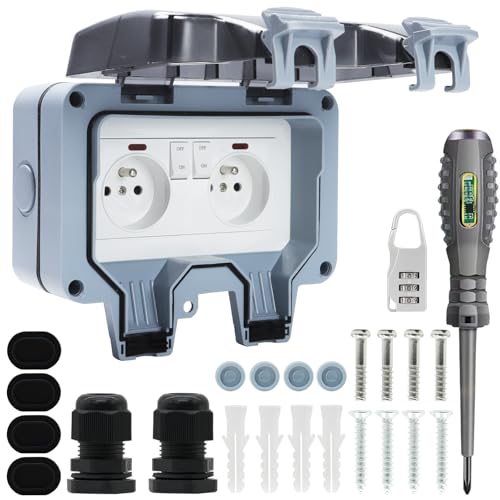 Prise Exterieure Etanche IP66 Double Prise de Courant et Volet de Protection Multiprise Electrique...