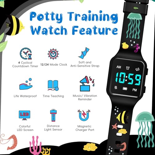 Image of Potty Training Watch for Toddlers with Countdown, Magnetic Charging, Flashing Lights, Fun Music or Vibration Alerts - Waterproof Interactive Toilet Training Reminder for Boys & Girls Ages 2-9