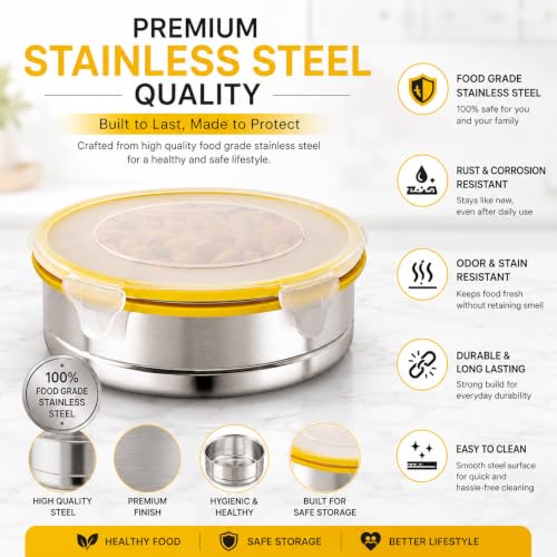 Image of Stainless Steel Airtight Round Container with Leak Proof Lid | BPA Free Food Storage Lunch Box Dabba for Office College School Home Travel | Tiffin Box (6 x 15.50 cm Size) | Pack of 2,Yellow