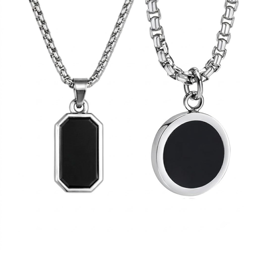 Black Pendant Necklace Set for Men Set of 2 Stainless Steel Chain Stylish Round & Rectangle Pendant Combo Premium Gift Jewelry for Boys Men Trendy Daily Wear Locket Chain Set-image-31