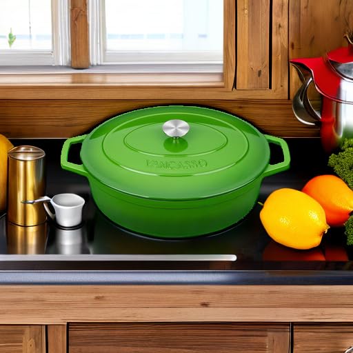 Image of vancasso 9.3 Qt Oval Enameled Cast Iron Dutch Oven with Lid, Green | Bread baking, roasting, braising, self-basting lid, oven to 500F on gas, induction, ceramic, non-toxic enamel, family size.