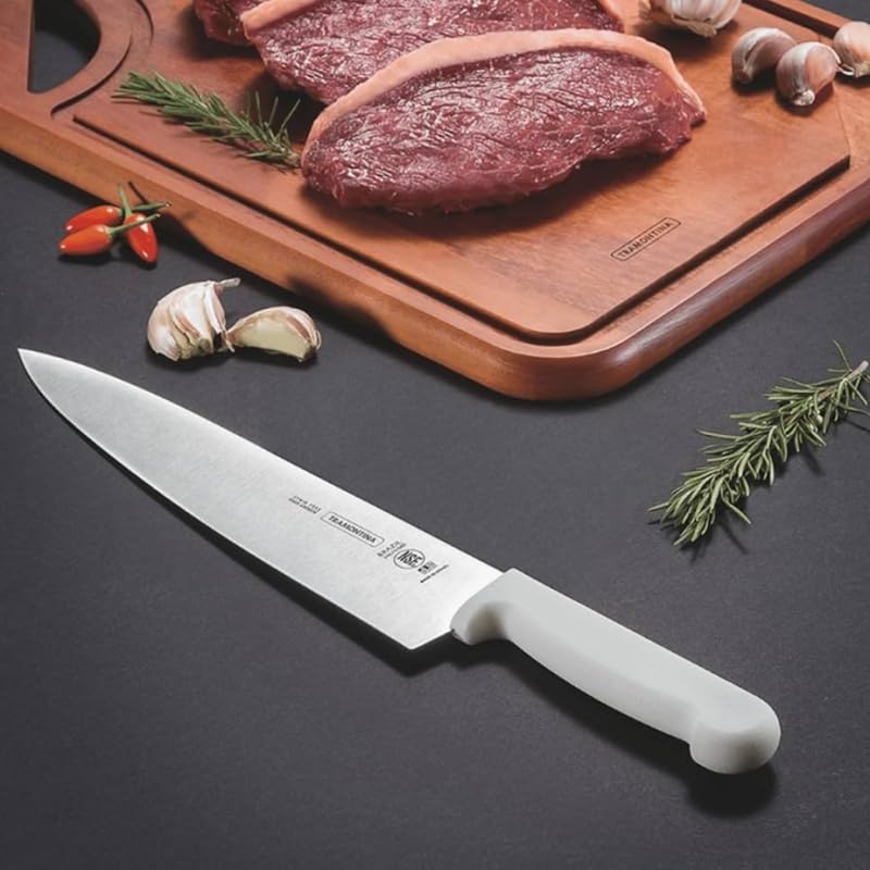 Image of TRAMONTINA Professional Chef Knife 20 cm | Sub-Zero Treated Stainless Steel Blade | Antimicrobial Polypropylene Handle | Heavy-Duty Meat Cutting & Butcher Knife | White