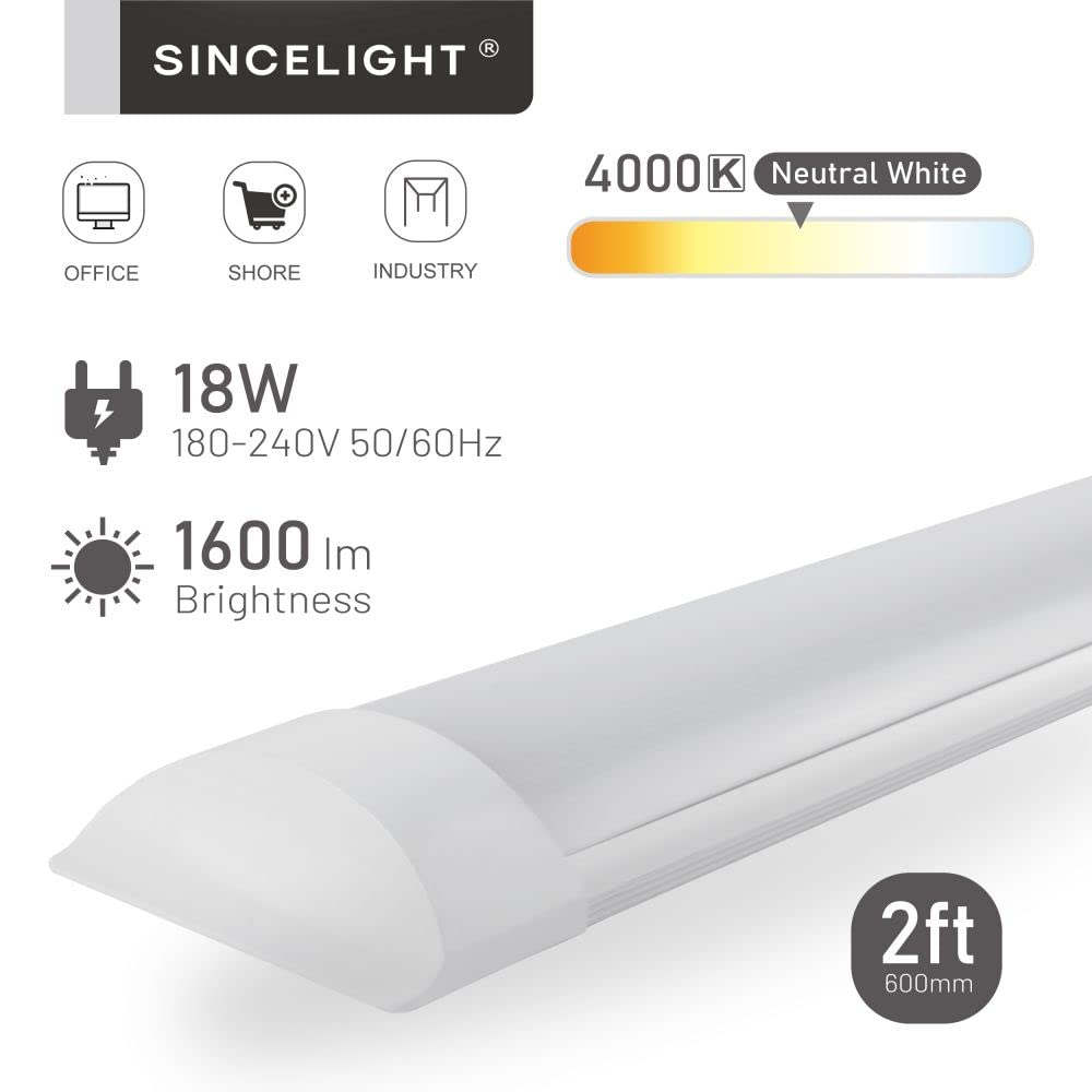 SINCELIGHT 18W Luminaire à Réglette LED,Tube linéaire intégré à DEL de 2 pieds(60cm),Plafonnier ou support mural pour cuisine,garage,atelier,entrepôt,bureau,magasin,Blanc Neutre 4000K,Lot de 1