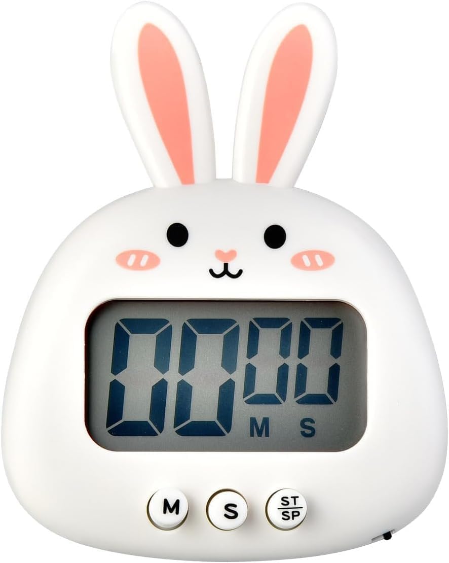 Duobagma White Cute Rabbit Timer, Digital Timer For Kids, Kitchen Timer For Cooking, Big Digits Loud Alarm Magnetic Backing Stand Cooking Timers For Baking (Without Battery) (White)